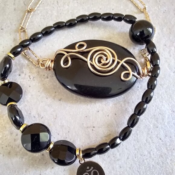 Massive Protection Bracelet Set: Black Jasper + Obsidian & Ohm Om! Balance + Chi - Picture 12 of 15